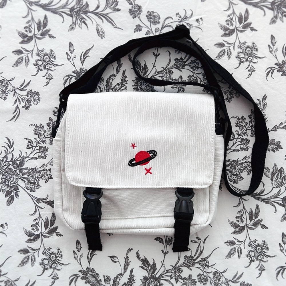 White Canvas Crossbody Bag with Red Planet Design, New W/o Tags